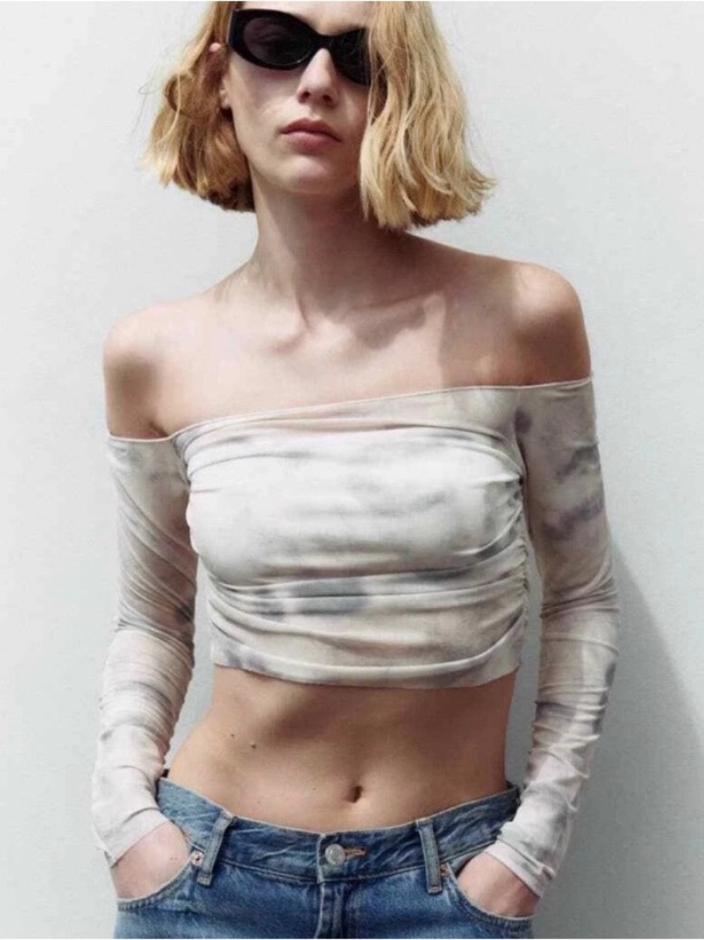 Zara Ruched Tulle Tie-Dye Off the Shoulder Top